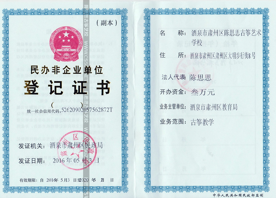 陈思思古筝艺术学校民办非企业单位登记证书